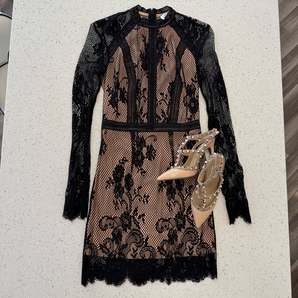 Chic Black Lace Dress with Nude Lining